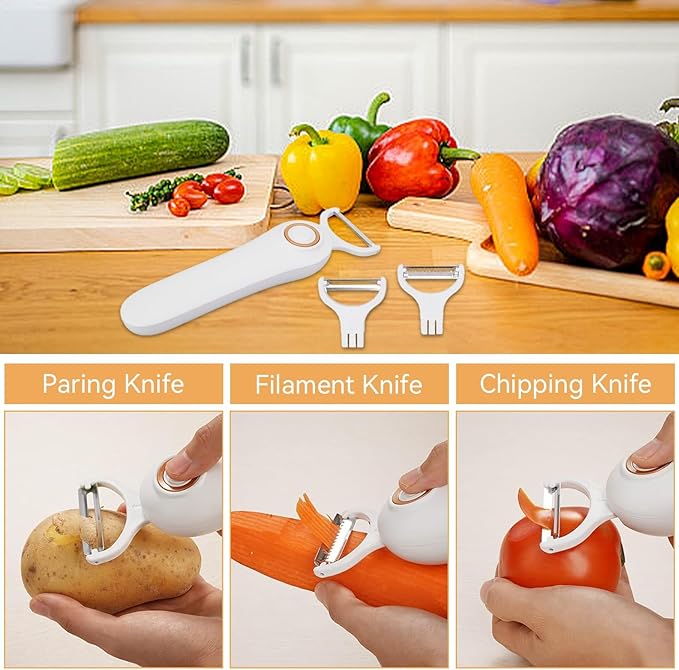 Electric Potato Peeler, Handheld Vegetable Peeler Set with 3 Interchangeable Blade Heads USB Rechargeable Veggie Fruit Peeler for Pears, Carrots, Cucumber