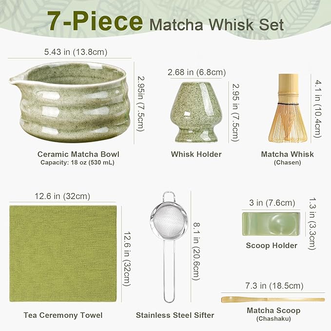 Matcha Whisk Set, 7Pcs Matcha Set - 18oz Matcha Bowl with Spout, Bamboo Matcha whisk & Ceramic Holder, Sifter/Scoop/Stand/Towel, Matcha Kit for Tea Lovers, Ideal Gift Set (Speckled green)