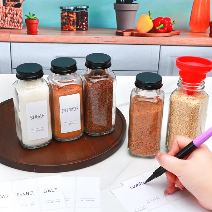 8oz Glass Spice Jars with Grinder Lids, Square Spice Bottles with Deeper Shaker Lids and Airtight Metal Caps, Seasoning Containers for Spice Organization, Fits Cabinet, Drawer, Spice Rack, 15 pack