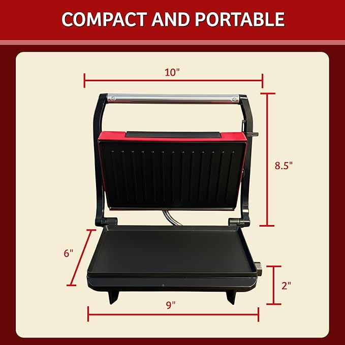 Panini Press - Sandwich Maker with Nonstick Plates - Indoor Countertop Grill for Cooking Burgers, Steak, Grilled Cheese, and More by Chef Buddy (Red)