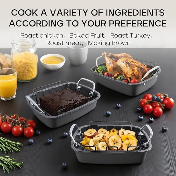 Nonstick Turkey Roasting Pan with Rack - 17×13.6 Inch Large Turkey Roaster Pan For Oven - Double-Ply Clad NonStick Roasting Pan For Roasting Chicken, Meats and Vegetables（Dark Gray）