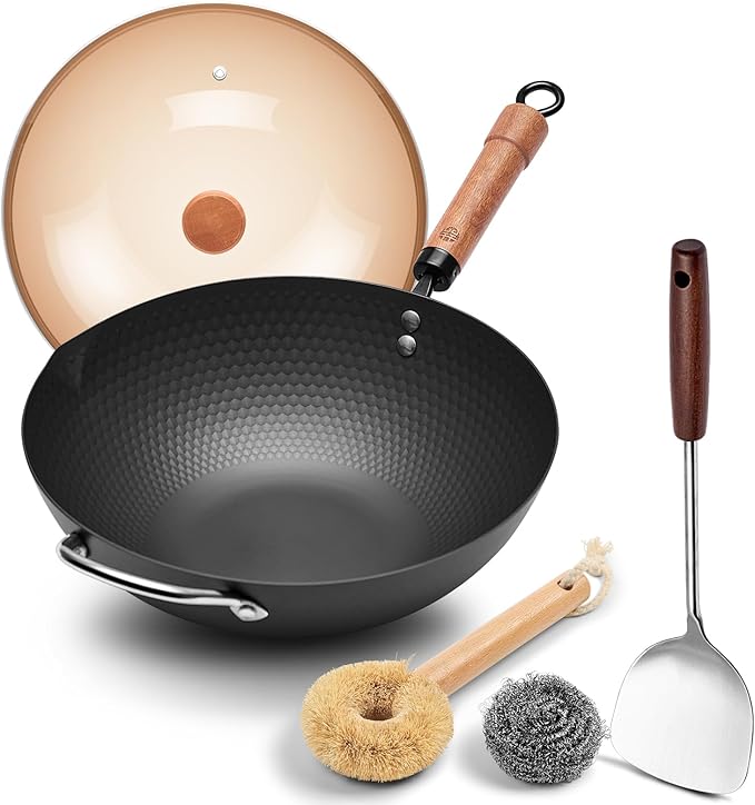 WANGYUANJI 12.6" Wok with Lid, Flat Bottom Nonstick Wok Pan for Induction Cooktop, Stir Fry Woks & Pans for Cooking