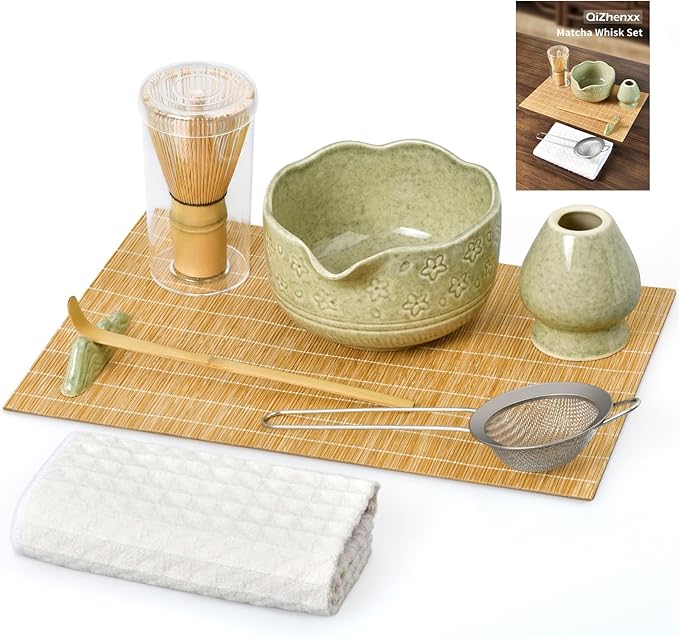 Matcha Whisk Set - Complete 8-Piece Japanese Tea Making Kit With Ceramic Bowl (Chawan), Bamboo Whisk (Chasen), Sifter, Scoop, Holder & Guide - Ideal Gift For Tea Enthusiasts (Mottled Green)