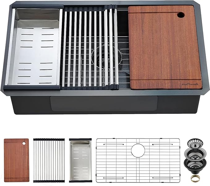 Undermount Kitchen Sink, 33 x 19 x 10 Inch Sink Kitchen 16 Gauge Stainless Steel Kitchen Sinks Gunmetal Black Single Bowl Workstation Sink with Cutting Board