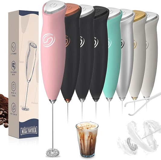 Milk Frother Wand Coffee Frother Handheld Drink Mixer Handheld with 2 Whisks Electric Whisk Stirrers Electric Milk Frother for Coffee Mixer Wand Milk Foamer-Pink