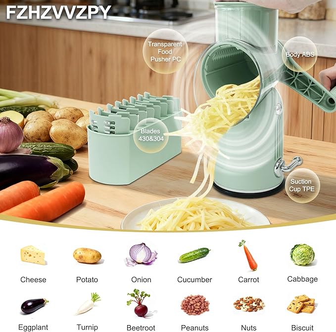 Rotary Hand Crank Cheese Grater, 5-in-1 Replaceable Stainless Blades Vegetable Shredder with Handle and Strong Suction Base, Easy-Clean Multipurpose Kitchen Slicer with Blade Storage Box(Green)