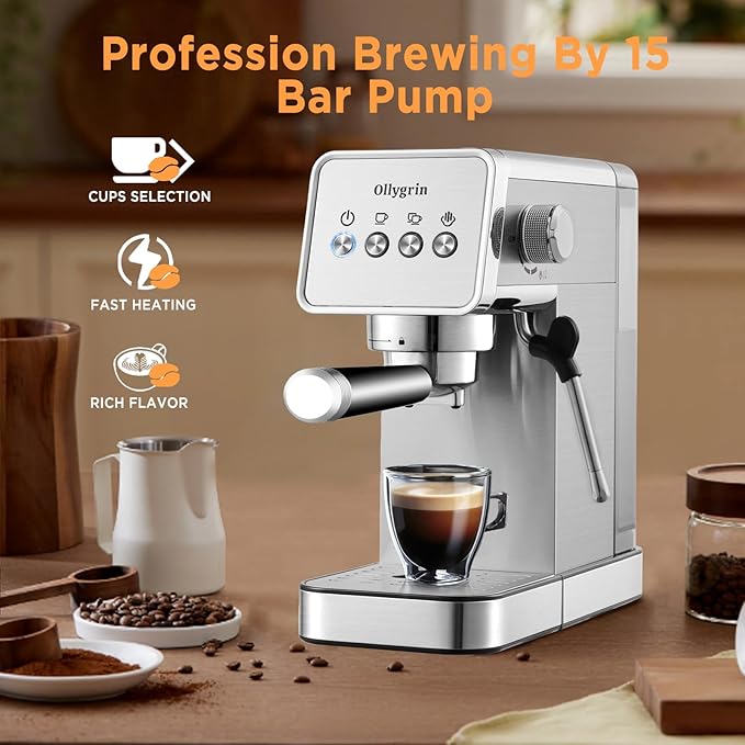 Espresso Machine,15 Bar Semi-Automatic Espresso Maker with Milk Frother,Compact Stainless Steel Coffee Machine with 40oz Removable Water Tank for Cappuccino,Latte, Americano,Sliver for Home