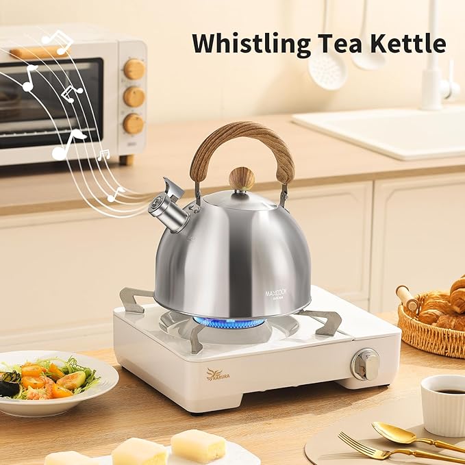 Tea Kettle, 18/8 Stainless Steel Whistling Teapot, 3.17 Quart Camping Tea Kettle for Stovetop, Water Coffee Pot with Anti-Hot Wood Handle (3L,Silver)