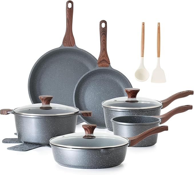 SENSARTE Nonstick Cookware Set 16-Piece, Healthy Pots and Pans Set, Non-stick Kitchen Cooking Set with Stay-Cool Handles, Silicone Utensils and Pot Protectors, PFOA Free