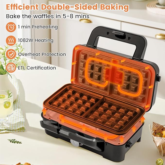 3 in 1 Sandwich Maker, 1082W Waffle Maker with Removable Plates, Sandwich Press with 5-Gear Temperature Control, Indicator Lights, Cool Touch Handle, Panini Press Grill for Breakfast
