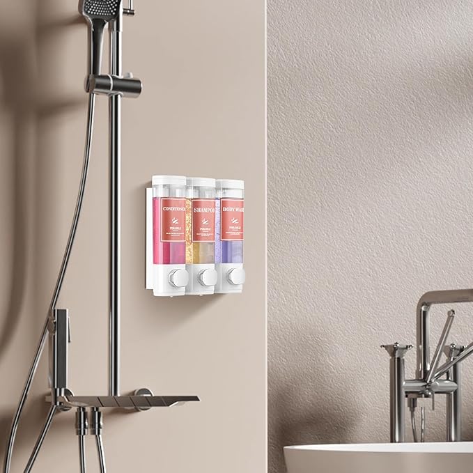 Shampoo and Conditioner Dispenser Wall Mounted Shower Soap Dispenser No Drill Shampoo Dispenser for Shower 3 Chamber Bathroom Body Wash Shower Gel Holder White