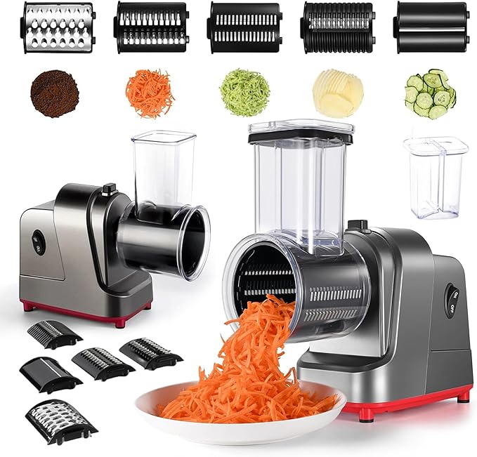 Electric Cheese Grater, 250W Salad Maker with 5 Stainless Steel Blades, Slicer Shredder for Cheeses, Vegetables & Fruits, One-Touch Operation, Easy to Clean, Cheese Shredder Machine