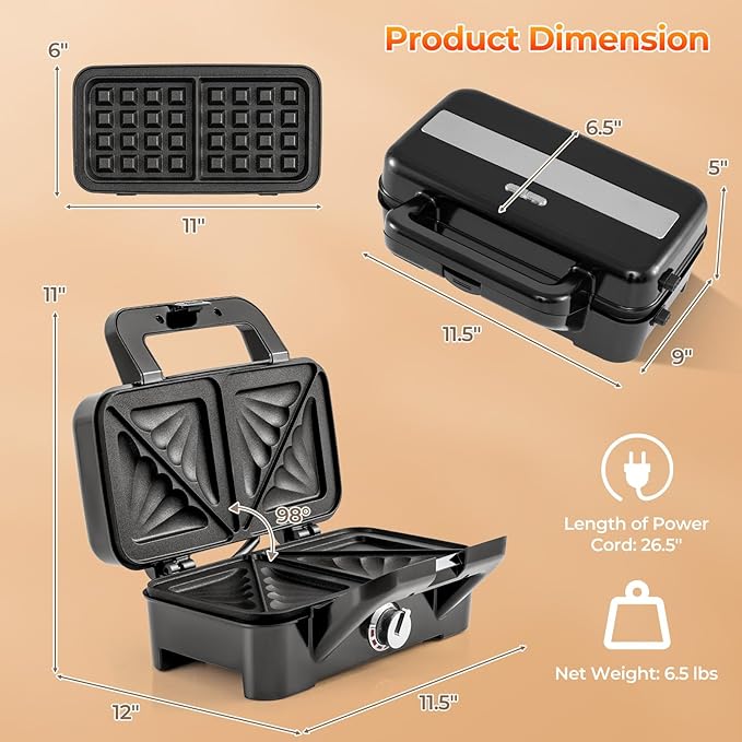 ARLIME Waffle Maker with Removable Plates, 1082W Electric Panini Press Grill w/Non-stick Plates, Indicator Lights, Sandwich Maker w/ 5-gear Temperature Control for Breakfast Grilled Cheese Steak