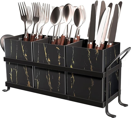 Classic Farmhouse Kitchen Organizer - Exquisite Black Gold Marble Metal Silverware Caddy, 3 Spacious Compartments, Ideal for Cutlery, Cooking Tools & More