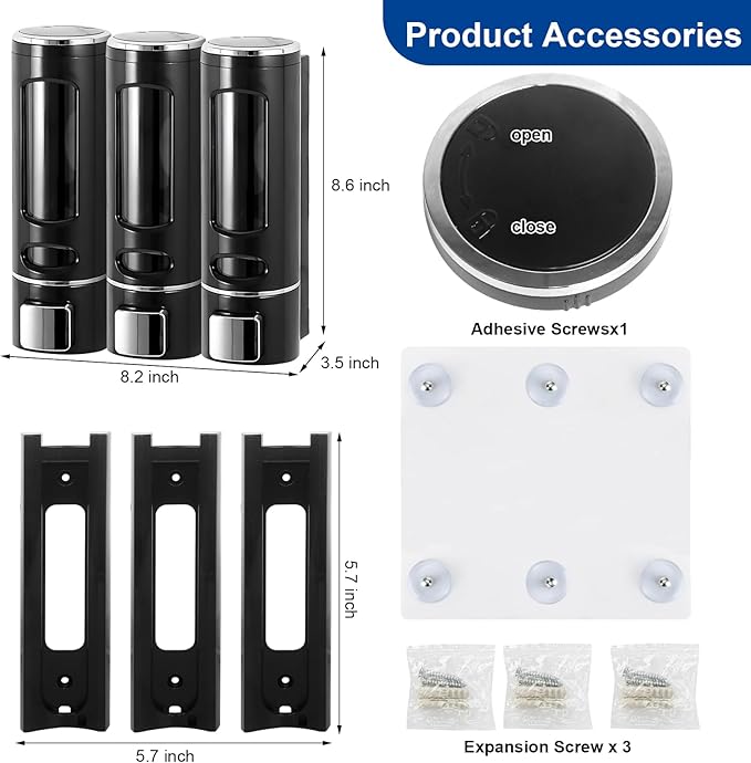 Shampoo and Conditioner Dispenser, 3-Chamber Shower Soap Dispenser Wall Mounted, No Drill Shampoo Dispenser for Shower Wall Body Wash for Bathroom Toilet Hotel Kitchen(Black)