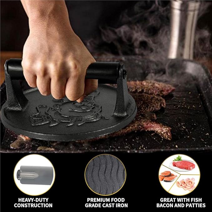 Smash Burger Press-Heavy Duty Hamburger Press with Heat Insulation Handle-6 Inch Cast Iron Burger Smasher,Bacon Press,Sandwich Press-Round Grill Press for Griddle-50 PC Burger Press Patty Paper