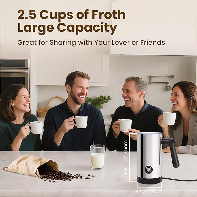 Milk Frother, 4-in-1 Milk Frother and Steamer, 10.6oz Electric Milk Steamer, Automatic Cold and Hot Foam maker for Lattes, Cappuccinos, Ceramic Lining Interior (Polished)