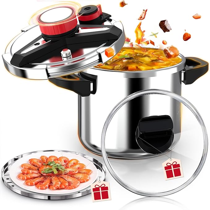 18/8 Stainless Steel Pressure Cooker 10.2 Quart, [One-Hand Locking] Olla de Presion, [3-In-1] Pressure Cooker, Induction Compatible, Gas Stovetop Compatible,Includes Glass Lid & Steamer Rack