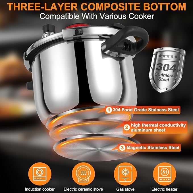 Pressure Cooker 10 QT, Stainess Steel Pressure Canner 10 Quart, Explosion-Proof Cookware, Rotating Lock/Unlock Lid, One-handed lid opening, Thickened Silicone Ring And Anti-scald Handle, Silver