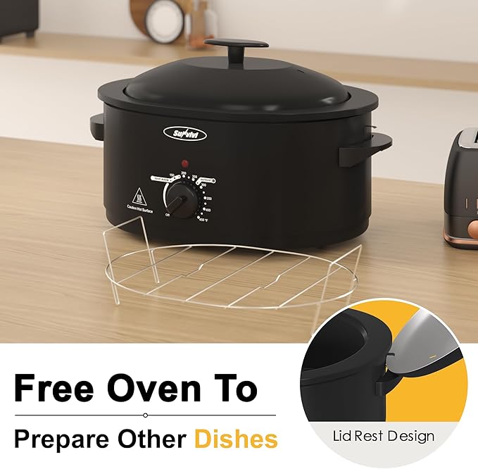 Roaster Oven with Self-Basting Lid, Electric Turkey Roaster Oven with Removable Pan and Rack, Stainless Steel, Black, 8 QT