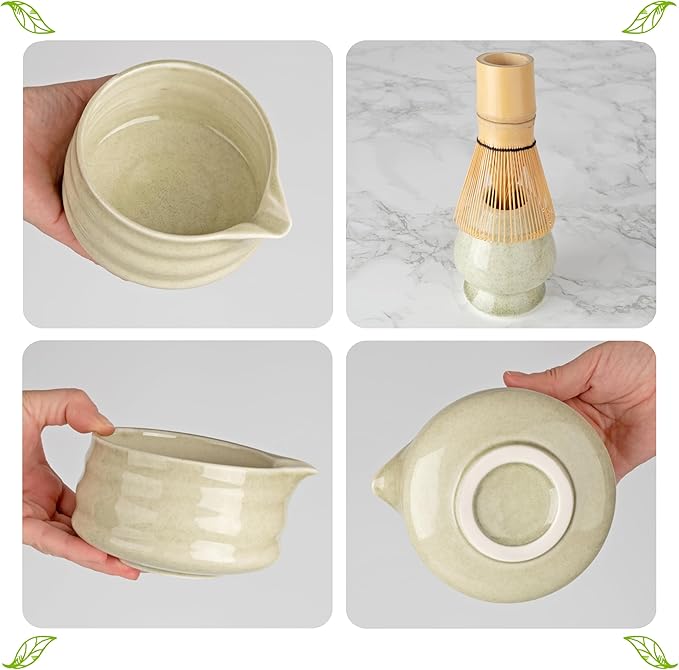 Matcha Whisk Set- Matcha Set includes Matcha Whisk and Bowl (Bowl with Spout), Sifter, Holder and Scoop- The Perfect Bamboo Whisk for Matcha Tea (Molted Green)
