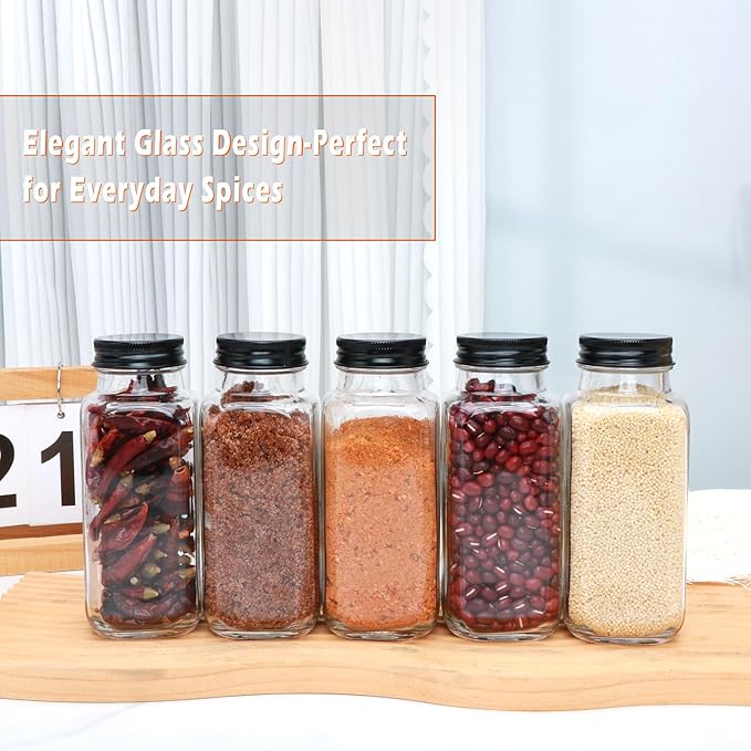 8oz Glass Spice Jars with Grinder Lids, Square Spice Bottles with Deeper Shaker Lids and Airtight Metal Caps, Seasoning Containers for Spice Organization, Fits Cabinet, Drawer, Spice Rack, 15 pack