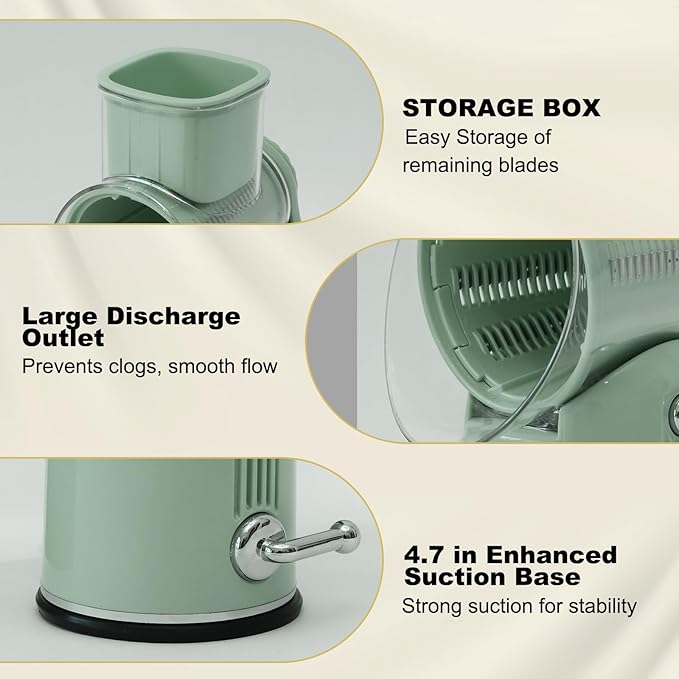 Rotary Hand Crank Cheese Grater, 5-in-1 Replaceable Stainless Blades Vegetable Shredder with Handle and Strong Suction Base, Easy-Clean Multipurpose Kitchen Slicer with Blade Storage Box(Green)