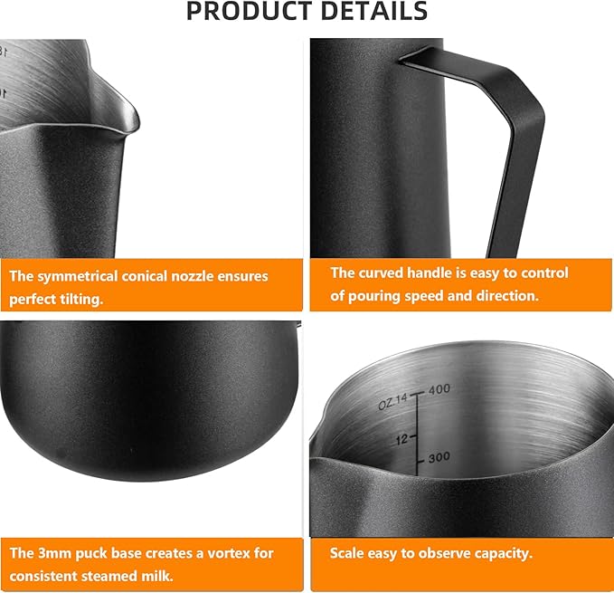 Milk Frothing Pitcher 14oz, Stainless Steel Milk Steaming Pitcher 400ml, Milk Frother Cup with Measurement Marks, Black