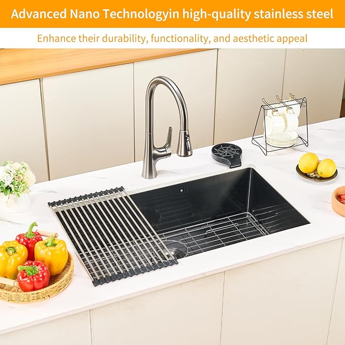 30 Inchs Undermount Kitchen Sinks, 30 x 19 x 9 Inch Black-Grey Single Bowl Sink,16 Gauge Stainless Steel Nano Black Sink with Accessories for Workstation, Prep Kitchen, Bar Sink(new)