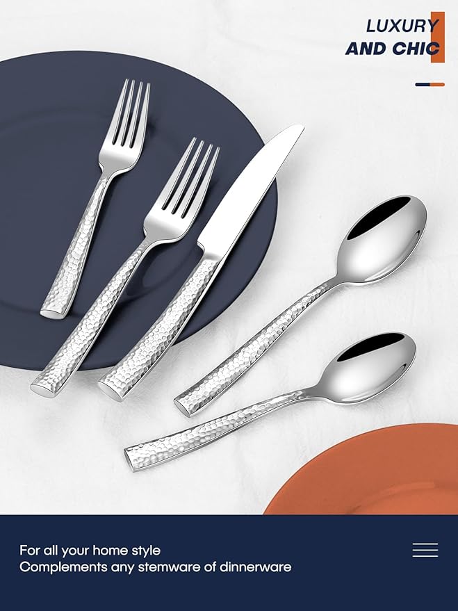 Stapava 40 Pcs Hammered Silverware Set for 8, Mirror Stainless Steel Flatware Cutlery Set, Include Knifes Forks and Spoons Silverware Set, Dishwasher Safe Utensils Set for Home Hotel