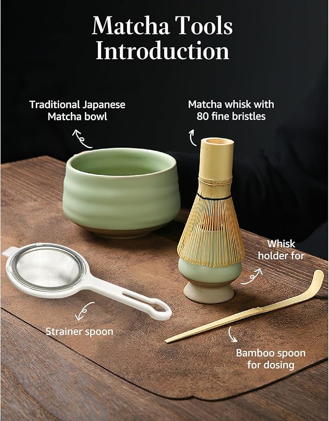 Sisher Matcha Whisk Set,Matcha Set Whisk and Bowl,Japanese Tea Set (5pcs) Includes Matcha Bowl, Matcha Whisk and Holder, Bamboo Scoop, Scoop Rest and Sifter Matcha kit for Matcha Lovers (Green)