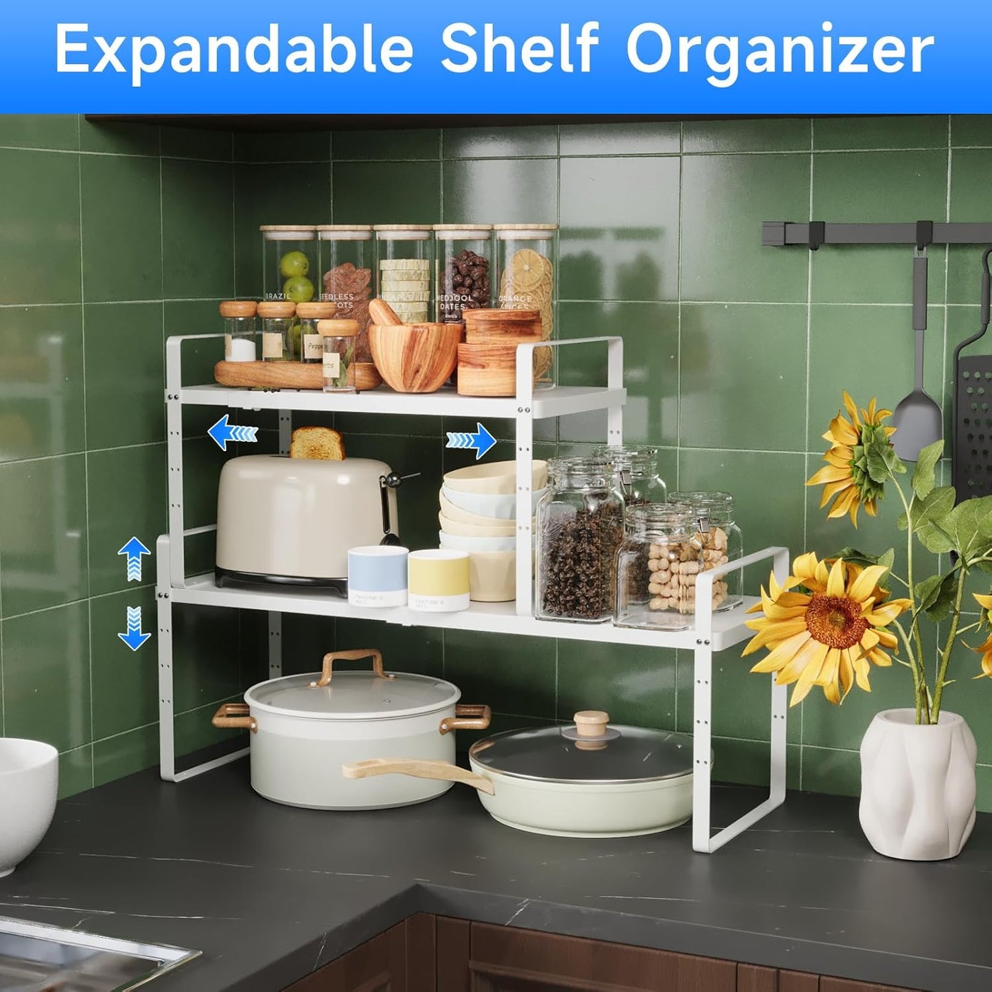 Expandable Cabinet Shelf Organizer, Stackable Kitchen Pantry Counter Storage, Adjustable Closet Cupboard Stand Rack Risers Spice Organization 80LBS Heavy Duty White 2 Pack