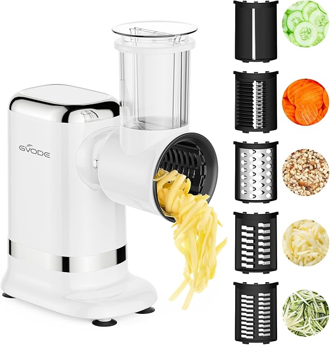 GVODE 5 in 1 Electric Cheese Grater & Vegetable Slicer - 700W Powerful Rotary Grater for Kitchen with Multiple Attachments, White