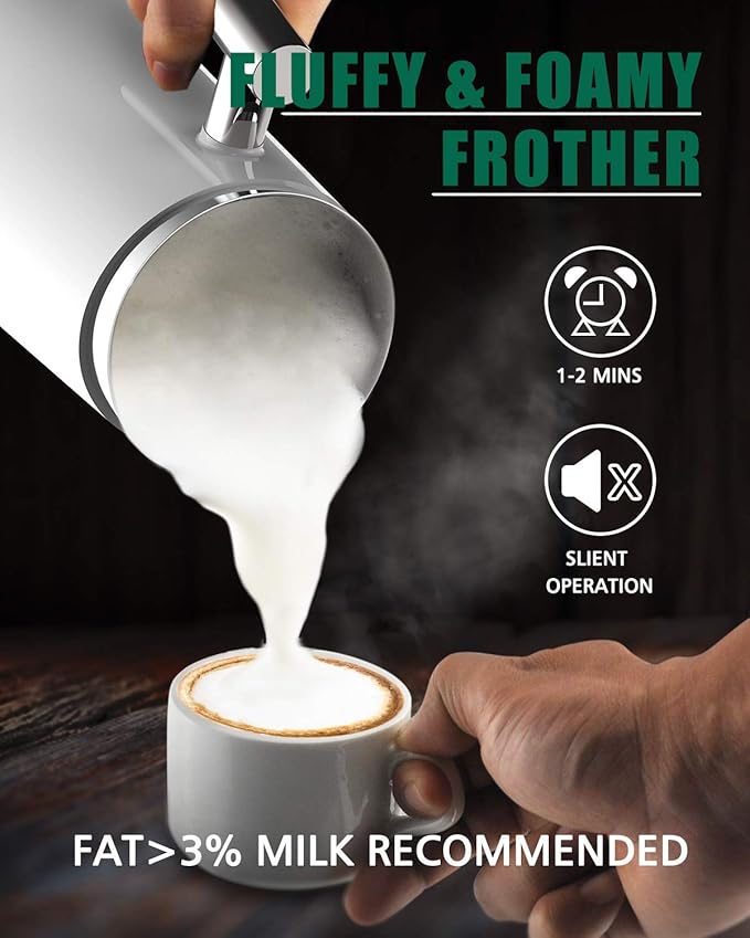 Huogary Milk Frother, Large Capacity Milk Frother and Steamer, 3 in 1 Electric Warm & Cold Milk Foam Maker, Non Stick Automatic Foam Maker and Milk Warmer for Latte, Cappuccinos, Macchiato, White