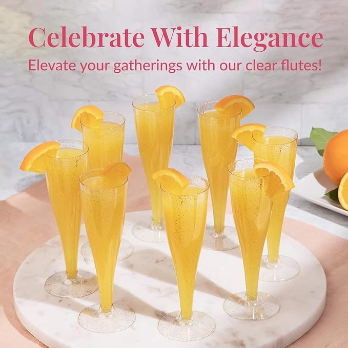 Prestee 24 Plastic Champagne Flutes - Gold Champagne Flutes Plastic - Gold Disposable Mimosa Flute - Party Supplies - Disposable Cocktail Glasses - Mimosa Bar, Wedding, Shower Party