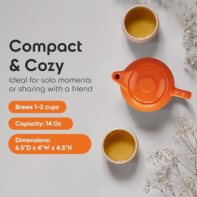 OmniWare 14 Oz Stoneware Teapot with Stainless Steel Mesh Infuser (Orange) - Microwave & Dishwasher Safe, Removable Infuser, Retro-Style Kitchenware Ideal for Loose Tea Brewing