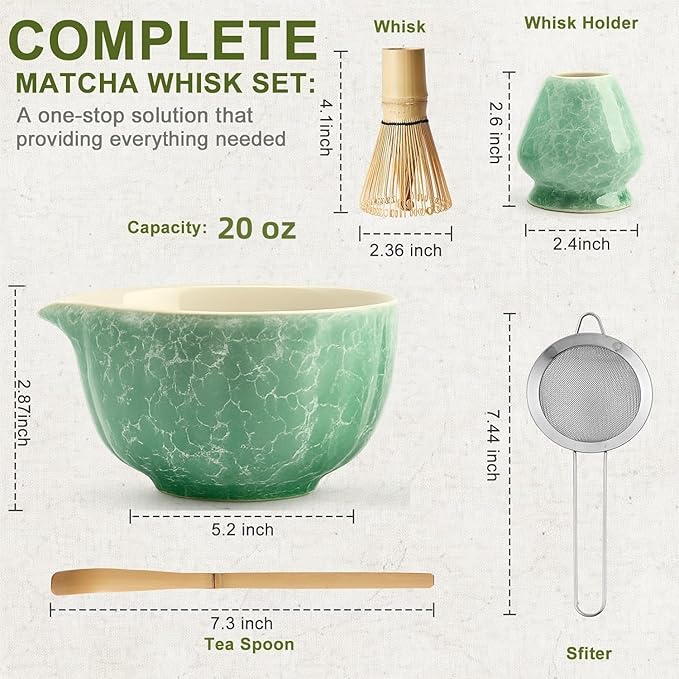 Matcha Whisk Set, 2025 New Ceramic Matcha Set Includes Matcha Bowl, Bamboo Scoop,Sifter, Whisk and Holder- 5 Pcs Kit for Matcha Lovers (Emerald Green)