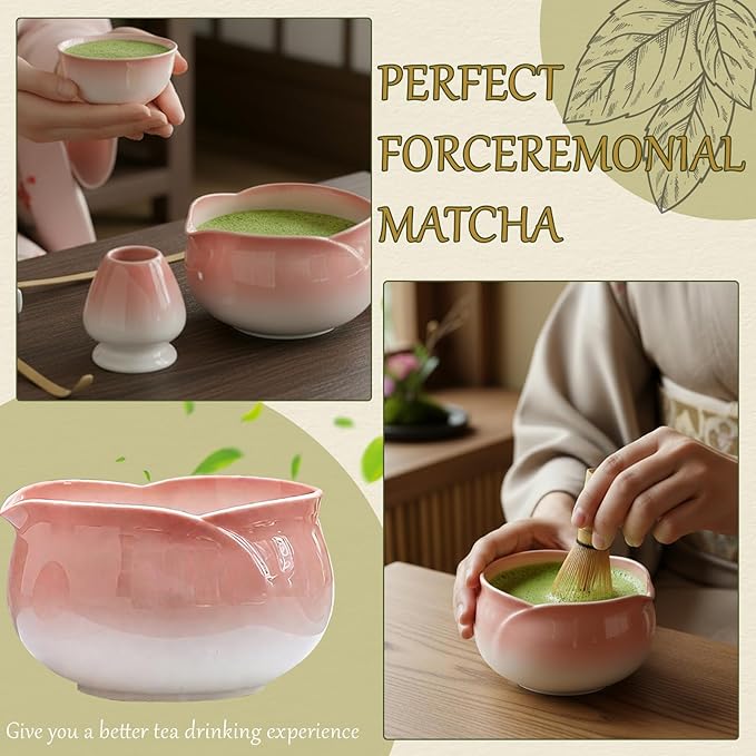 8 Pcs Red Petal Matcha Set Bowl with Spout Bamboo Chasen Sifter Spoon Scoop Whisk Holder Tea Cloth Complete Matcha Making Kit（Red）