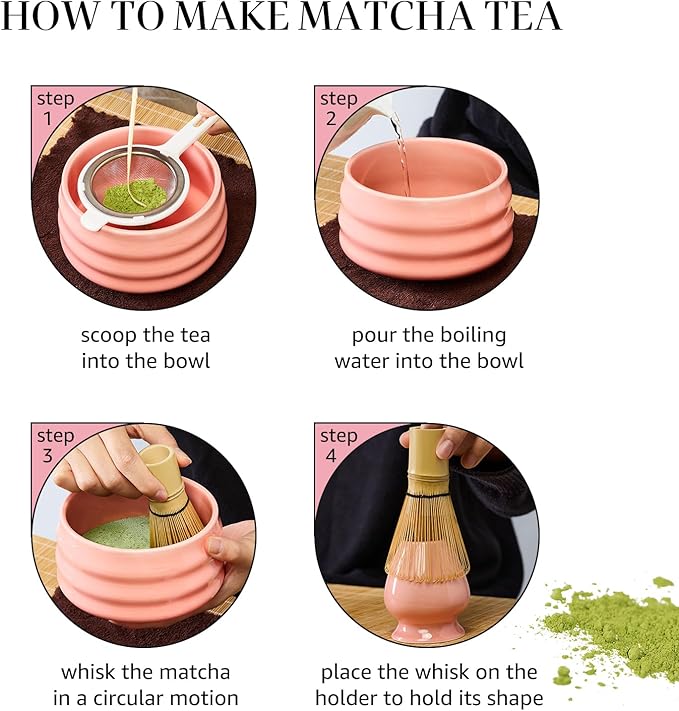 Sisher Matcha Whisk Set Pink,Matcha Set With Bowl Ceramic Pink Matcha Bowl,Matcha Whisk and Holder, Bamboo Scoop, Scoop Rest and Sifter Japanese Matcha Kit for Matcha Lovers 5pcs