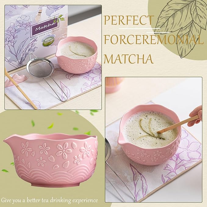 8 Pcs Pink Cherry Blossom Matcha Whisk Set Bowl with Spout Bamboo Chasen Sifter Spoon Scoop Whisk Holder Bamboo Mat Complete Matcha Making Kit