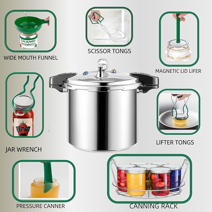 24qt pressure canner and canning pressure cooker with gauge,14.5PSI,practical 7pc Canning Supplies Starter Set,compatibility gas and induction cooktops, pressure cooker for canning (GREEN)