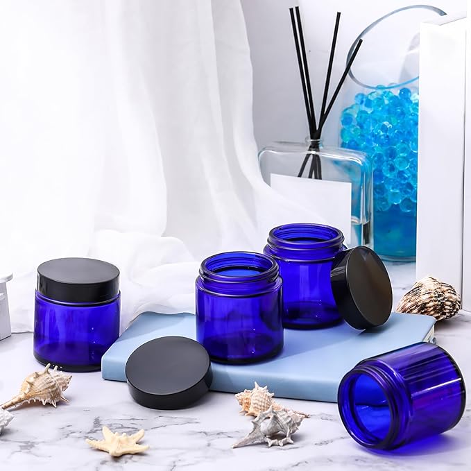 Norme 48 Pcs 4 oz Glass Jars with Lids Leakproof Round Airtight Empty Cosmetic Jars with Inner Liners Lid for Storing Lotions Powder Ointments Candle Making Tins (Black,Blue)