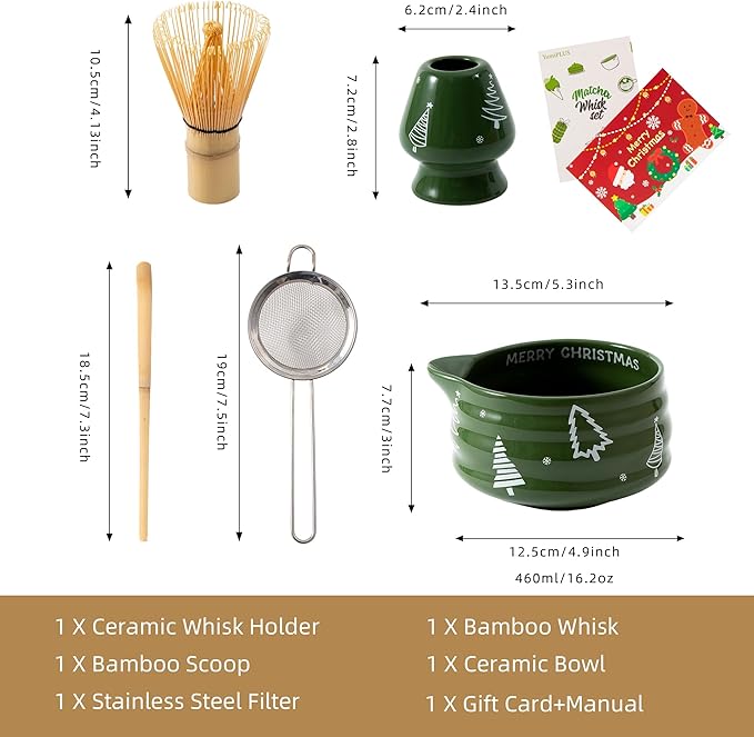 5pcs Premium Matcha Set,Ceramic Bowl with Spout and Bamboo Whisk set, Ceremonical Matcha Kit for breakfast/latte,Tea Starter Making Kit,Unique Matcha Gift set (Christmas Tree)