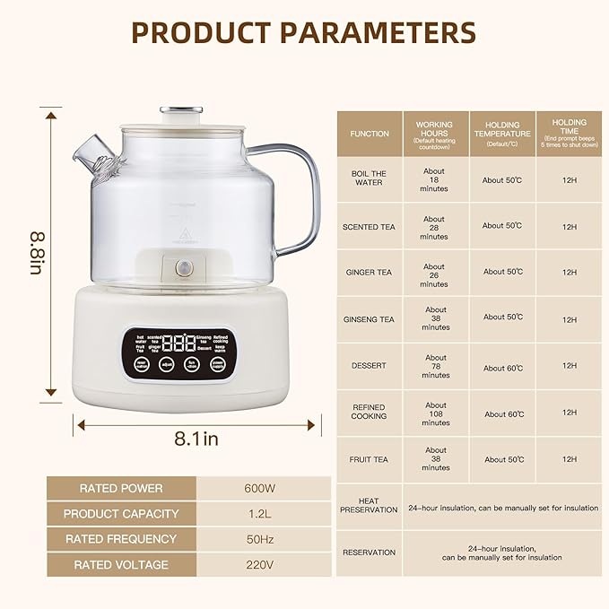 1.2-liter glass-bodied electric kettle, ideal for brewing coffee, preparing formula, and heating tea. Features adjustable temperature settings (Beige model).