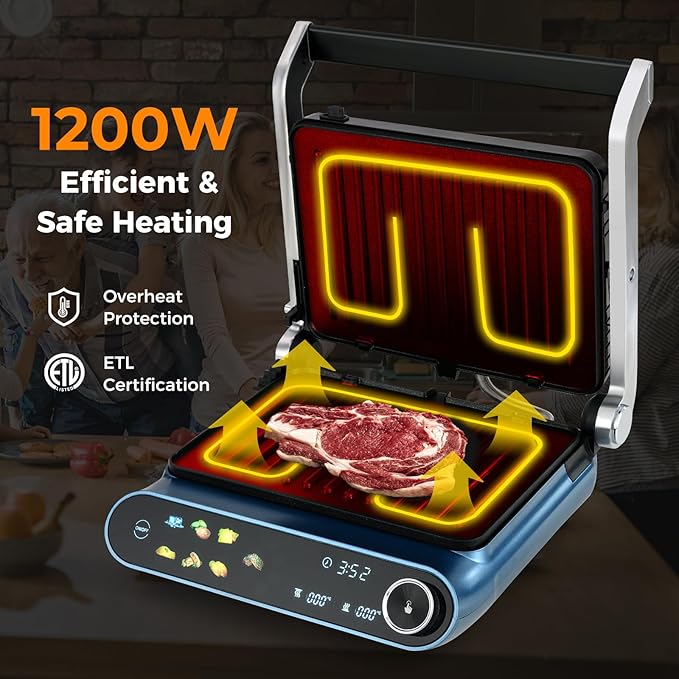 Happygrill 3 in 1 Panini Press Electric Indoor Grill & Sandwich Maker,1200W Open Flat Griddle w/ 2 Removable Non-Stick Dishwasher-Safe Plates,LED Display,7 Modes,Independent Temp Control & Drip Tray