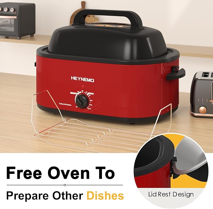 22 Quart Electric Roaster Oven with Viewing & Self-basting Lid, Turkey Roaster Oven with Removable Pan and Rack, RED