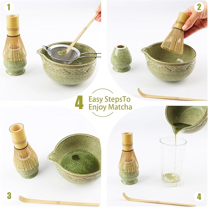 Japanese Matcha Whisk Set, 5-Piece Traditional Chasen & Chawan Bowl Kit with Bamboo Whisk, Scoop, Strainer, Complete Ceramic Set for Matcha Making at Home