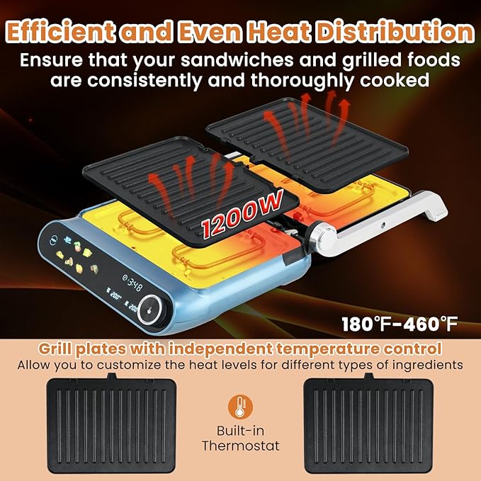 ARLIME Panini Grill Press Sandwich Maker, 1200W Electric Griddle with LED Touch Panel, 7 Grilling Modes, Dishwasher Safe Non-stick Plates, Removable Drip Tray, Indoor Grill for Burger, Cheese, Steaks