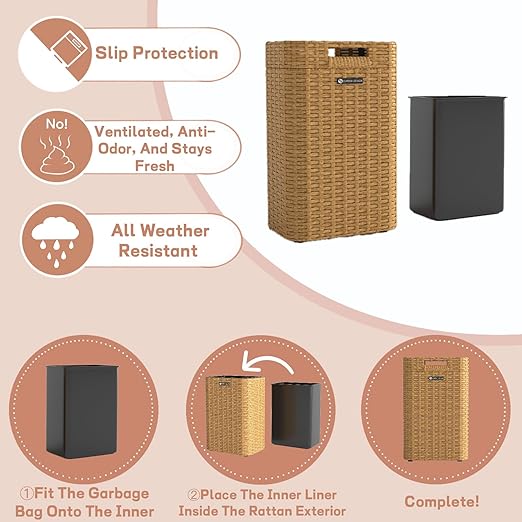 Ypati Rattan Trash Can with Lid, Wicker Bathroom Garbage Bin with Removeable Liner, 4 Gallon Small Waste Basket for Home, Outdoor Patio, Dorm, Office, Boho Decor, with Trash Bags, Yellow, Eureka