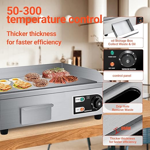 22" Electric Countertop Flat Top Griddle 1600W 110V Non-Stick Commercial Restaurant Teppanyaki Grill Stainless Steel Adjustable Temperature Control 50~300℃